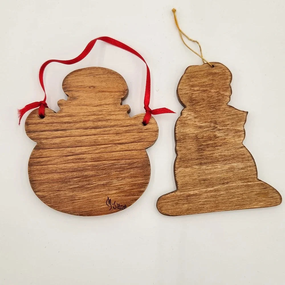 2 Vintage Handpainted Wood Christmas Ornaments Snowman Artist Signed Folk Art